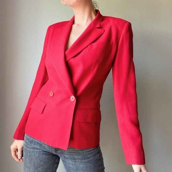 Vintage 1980s Red 100% Wool Double Buttoned Blazer Jacket - Picture 1 of 6